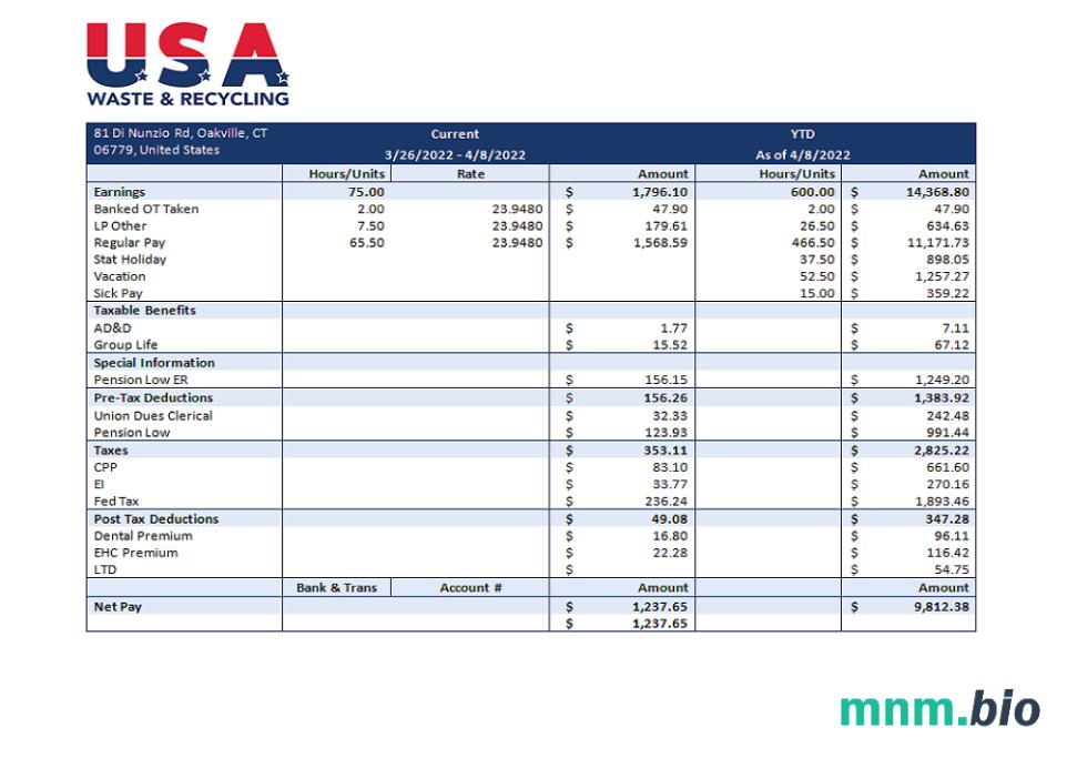 USA Waste & Recycling recycling company pay stub